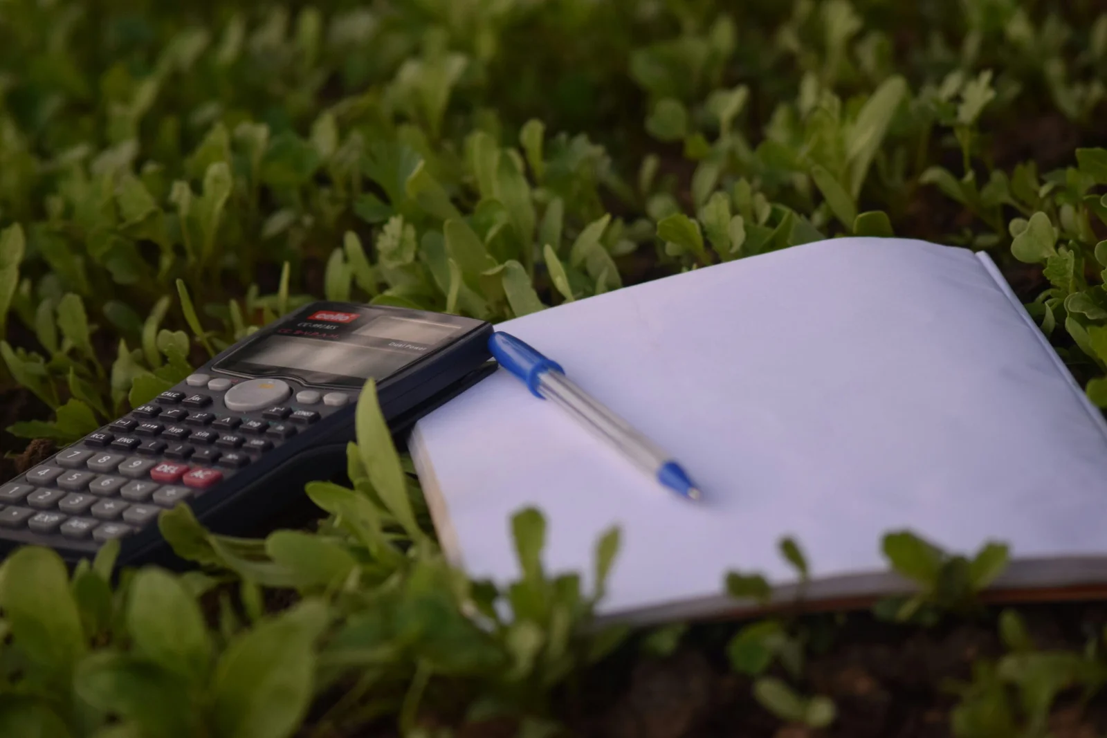 Calculator and notebook in the grass.